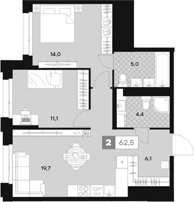 Планировка — ЮТУ, 2-комн., 63 м²