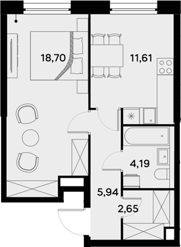 Планировка — UltimaCity, 1-комн., 43 м²