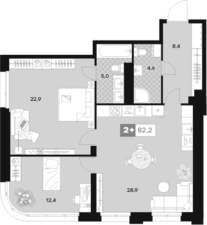 Планировка — ЮТУ, 3-комн., 82 м²
