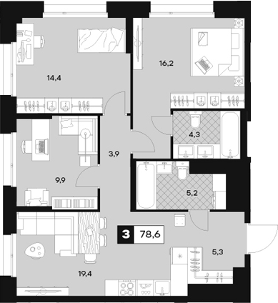 Планировка — ЮТУ, 3-комн., 79 м²