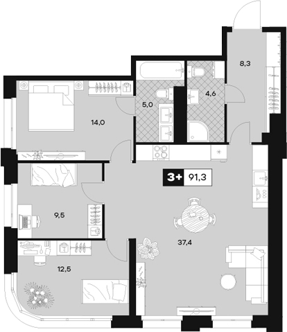 Планировка — ЮТУ, 4-комн., 91 м²