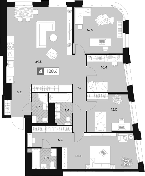 Планировка — ЮТУ, 4-комн., 129 м²