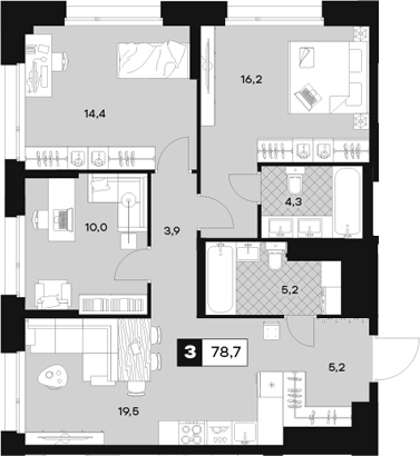 Планировка — ЮТУ, 3-комн., 79 м²