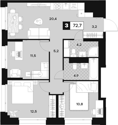 Планировка — ЮТУ, 3-комн., 73 м²