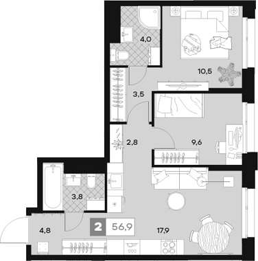 Планировка — ЮТУ, 2-комн., 57 м²
