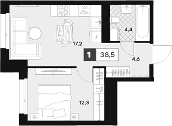 Планировка — ЮТУ, 1-комн., 39 м²