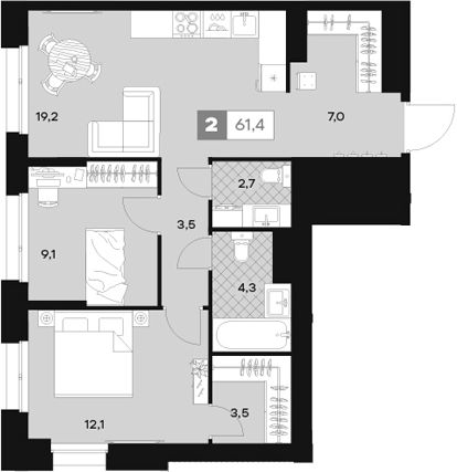 Планировка — ЮТУ, 2-комн., 61 м²