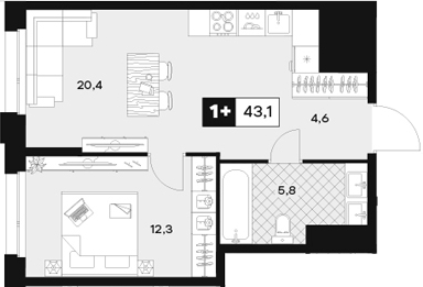 Планировка — ЮТУ, 2-комн., 43 м²