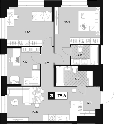 Планировка — ЮТУ, 3-комн., 79 м²