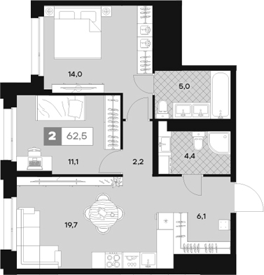 Планировка — ЮТУ, 2-комн., 63 м²