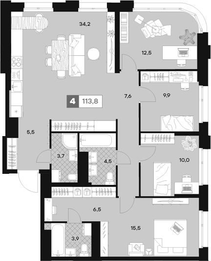 Планировка — ЮТУ, 4-комн., 114 м²