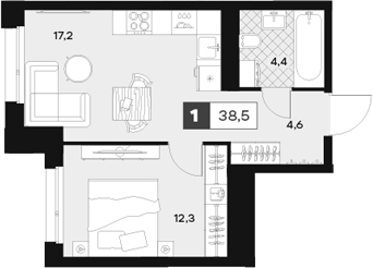 Планировка — ЮТУ, 1-комн., 39 м²