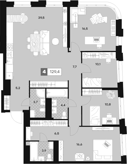 Планировка — ЮТУ, 4-комн., 125 м²