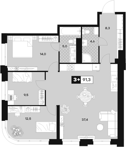 Планировка — ЮТУ, 4-комн., 91 м²