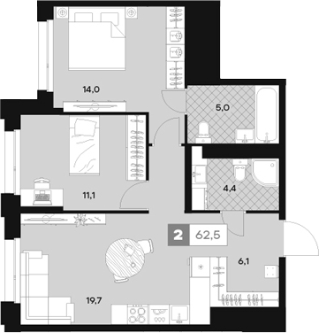 Планировка — ЮТУ, 2-комн., 63 м²