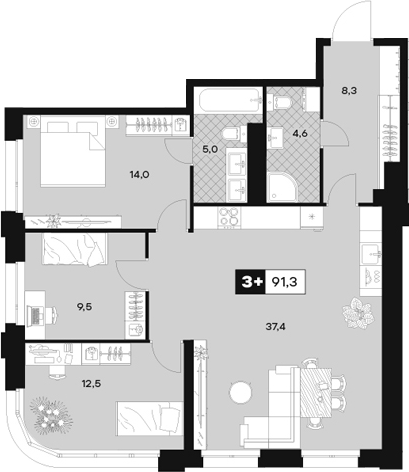 Планировка — ЮТУ, 4-комн., 91 м²