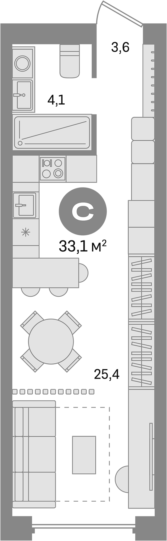 Планировка — Первый квартал. Вторая очередь, Студия, 33 м²