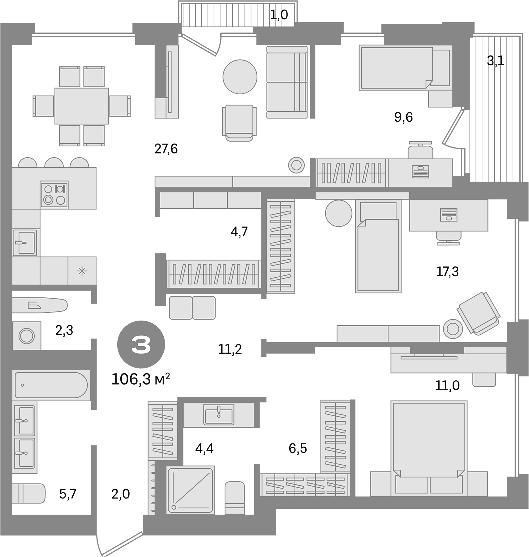 Планировка — Первый квартал. Вторая очередь, 3-комн., 102 м²
