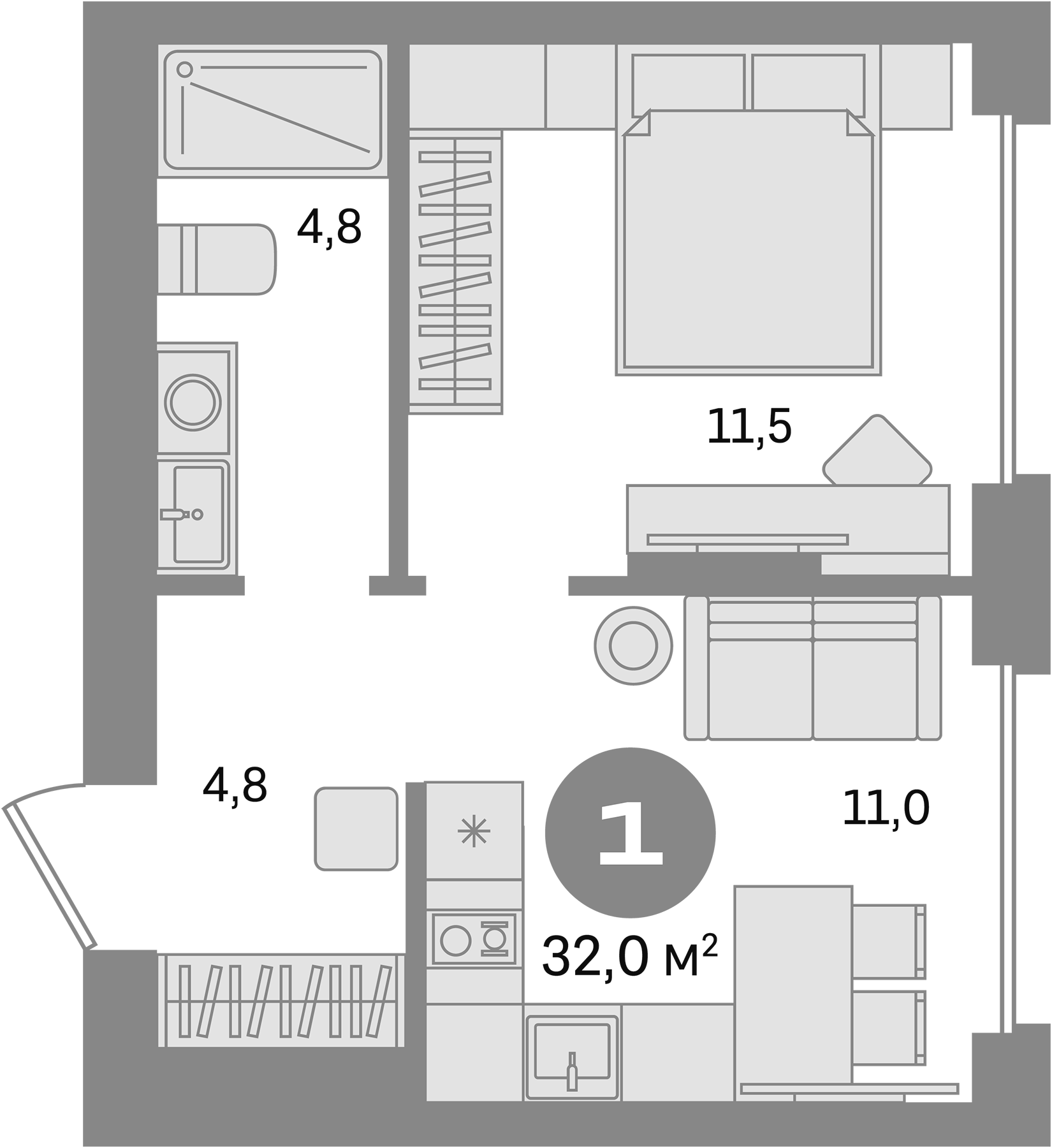 Планировка — Первый квартал. Вторая очередь, 1-комн., 32 м²