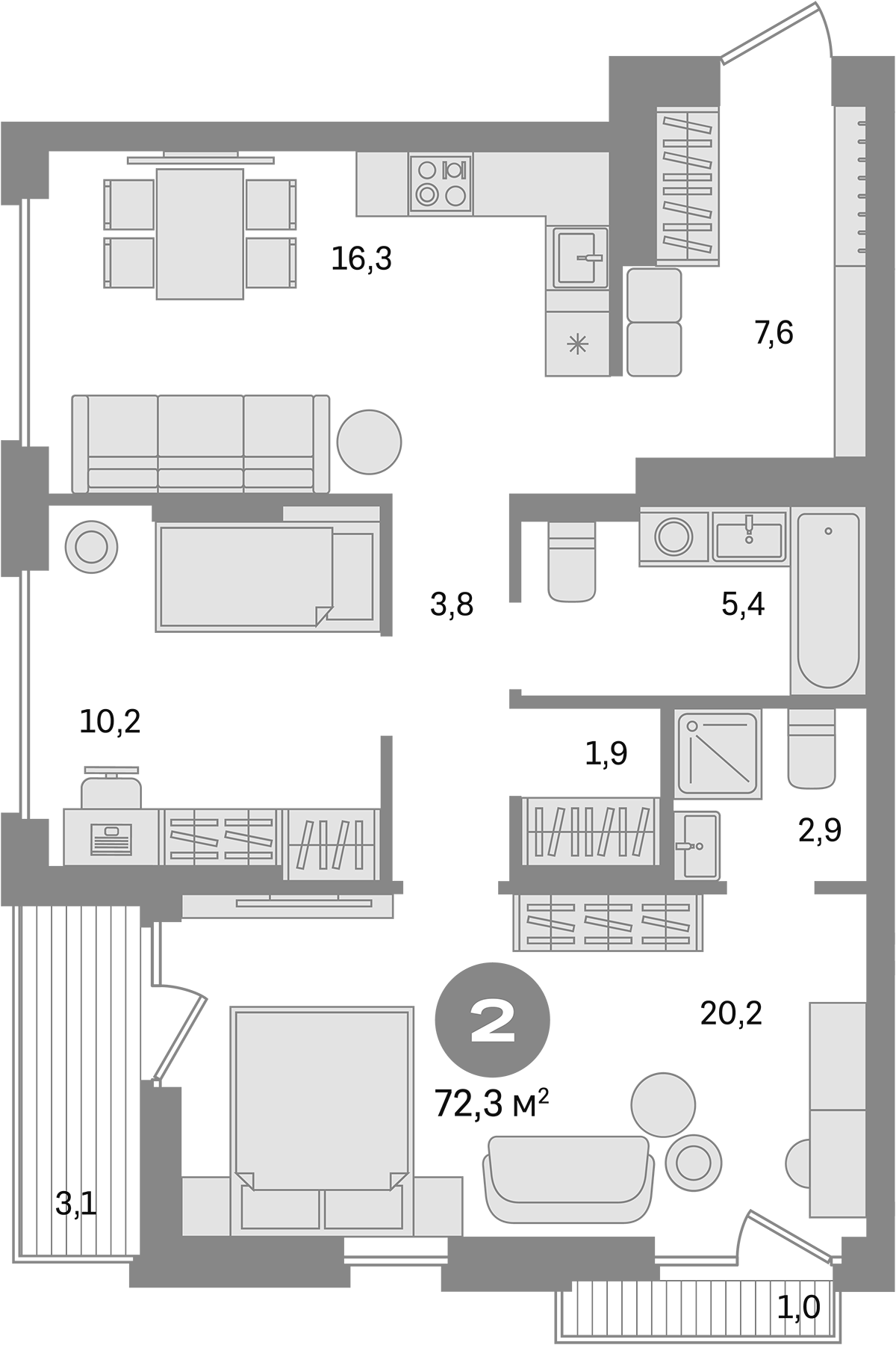 Планировка — Первый квартал. Вторая очередь, 2-комн., 68 м²