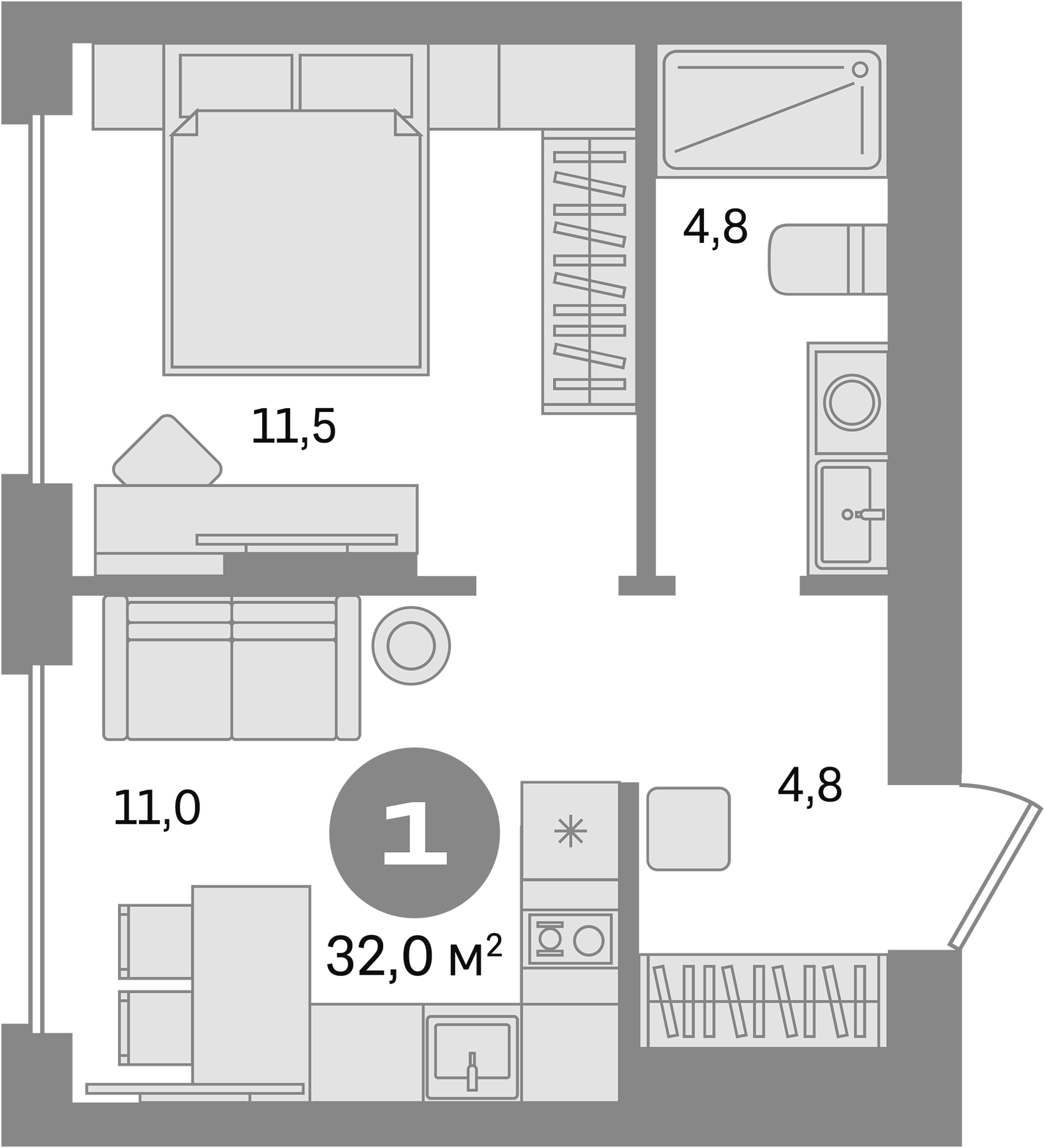 Планировка — Первый квартал. Вторая очередь, 1-комн., 32 м²