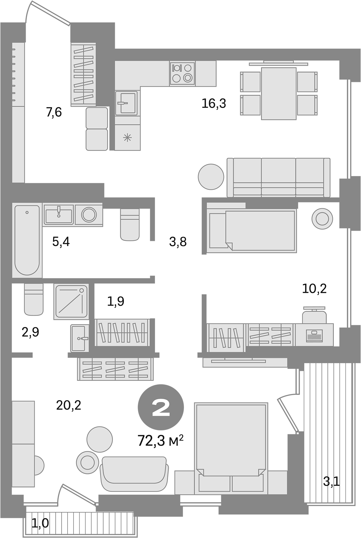 Планировка — Первый квартал. Вторая очередь, 2-комн., 68 м²