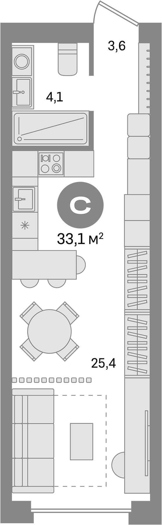Планировка — Первый квартал. Вторая очередь, Студия, 33 м²