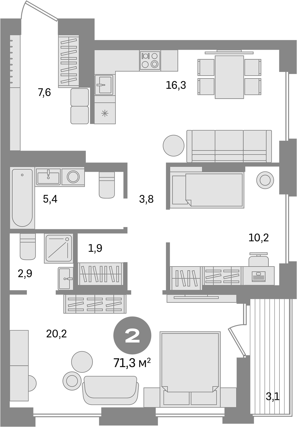 Планировка — Первый квартал. Вторая очередь, 2-комн., 68 м²