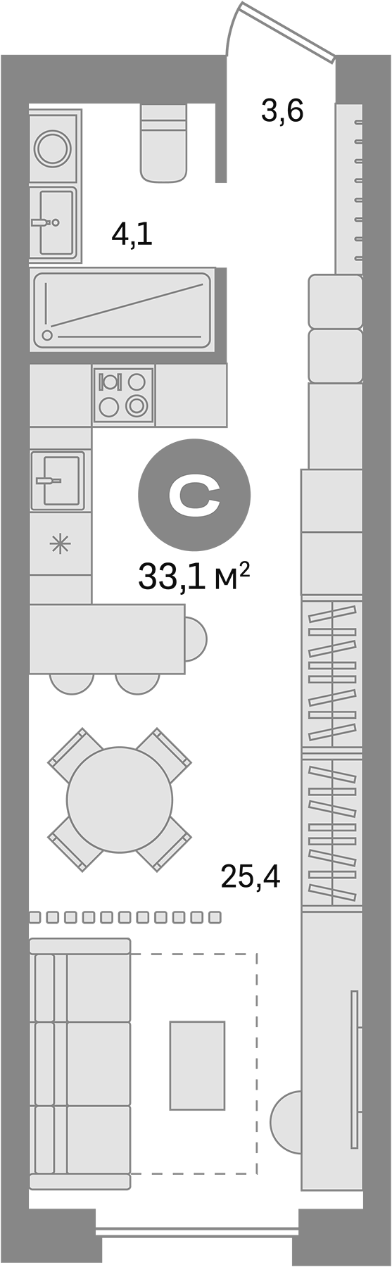 Планировка — Первый квартал. Вторая очередь, Студия, 33 м²