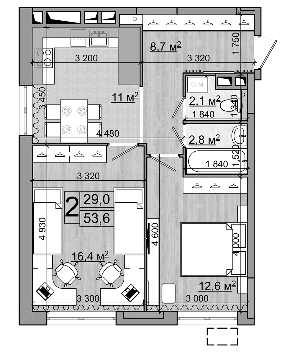 Планировка — Гранд Комфорт, 2-комн., 54 м²