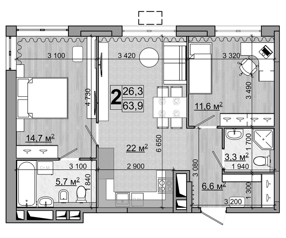 Планировка — Гранд Комфорт, 3-комн., 64 м²