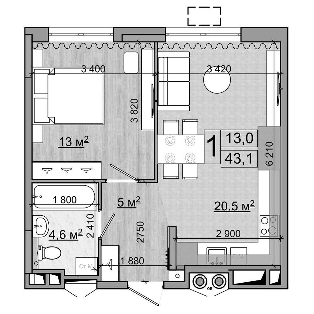 Планировка — Гранд Комфорт, 2-комн., 43 м²