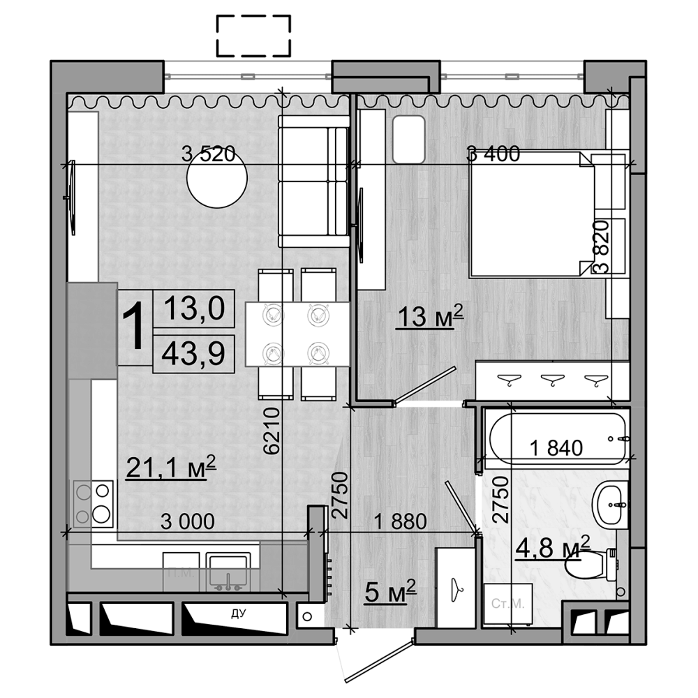 Планировка — Гранд Комфорт, 2-комн., 44 м²