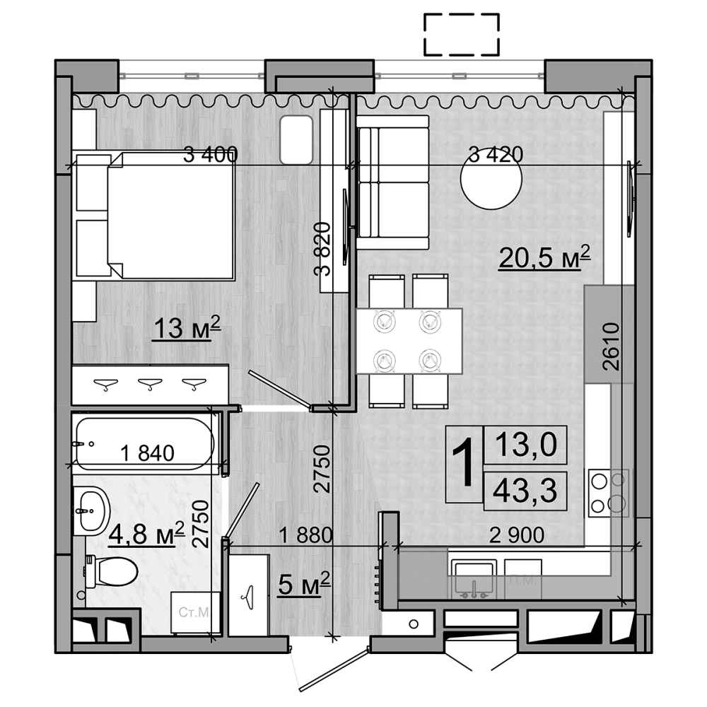 Планировка — Гранд Комфорт, 2-комн., 43 м²