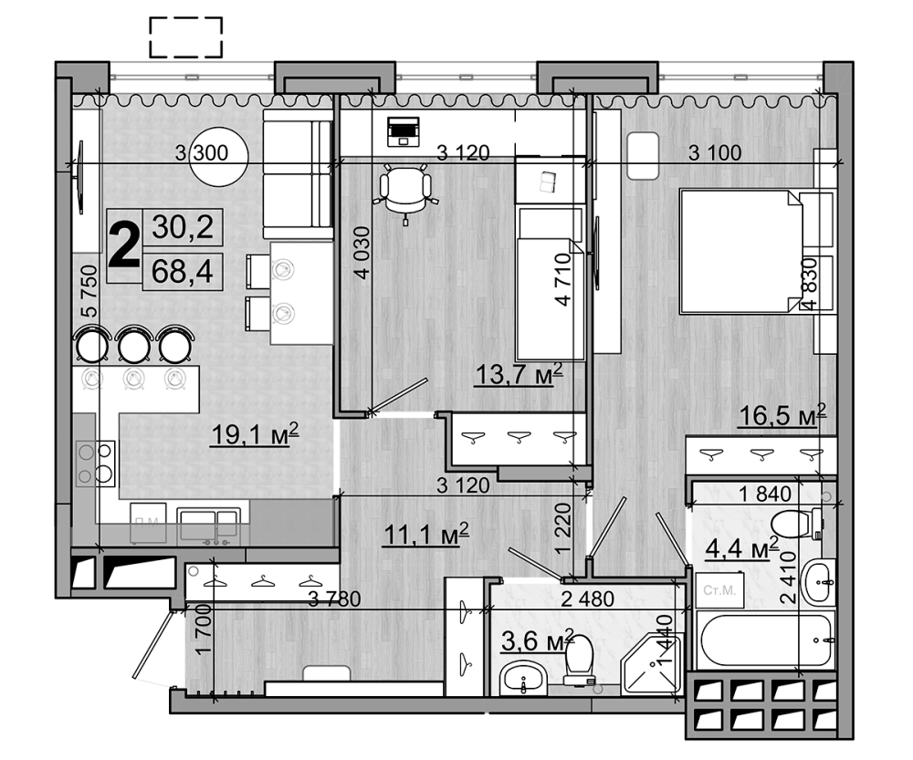 Планировка — Гранд Комфорт, 3-комн., 68 м²