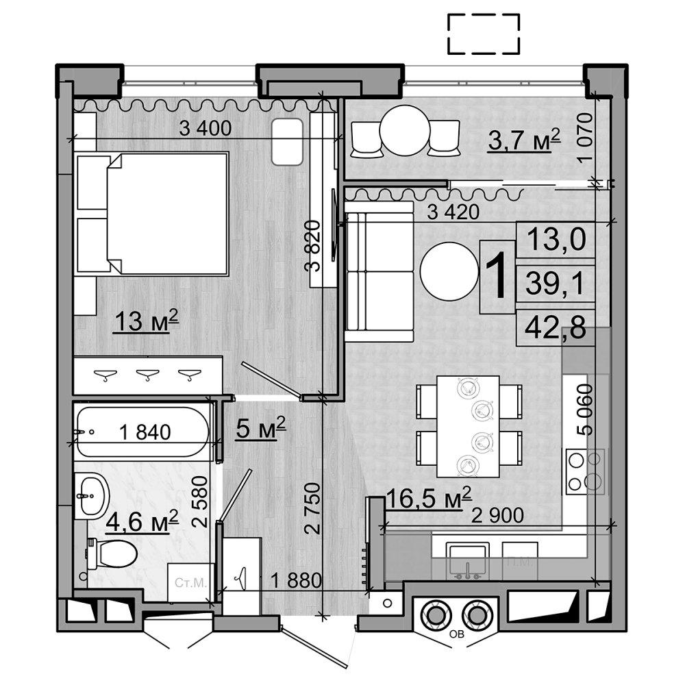 Планировка — Гранд Комфорт, 2-комн., 39 м²