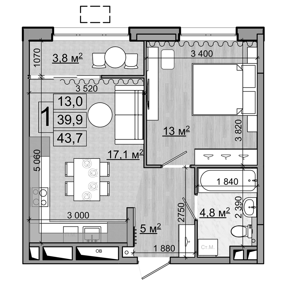 Планировка — Гранд Комфорт, 2-комн., 40 м²