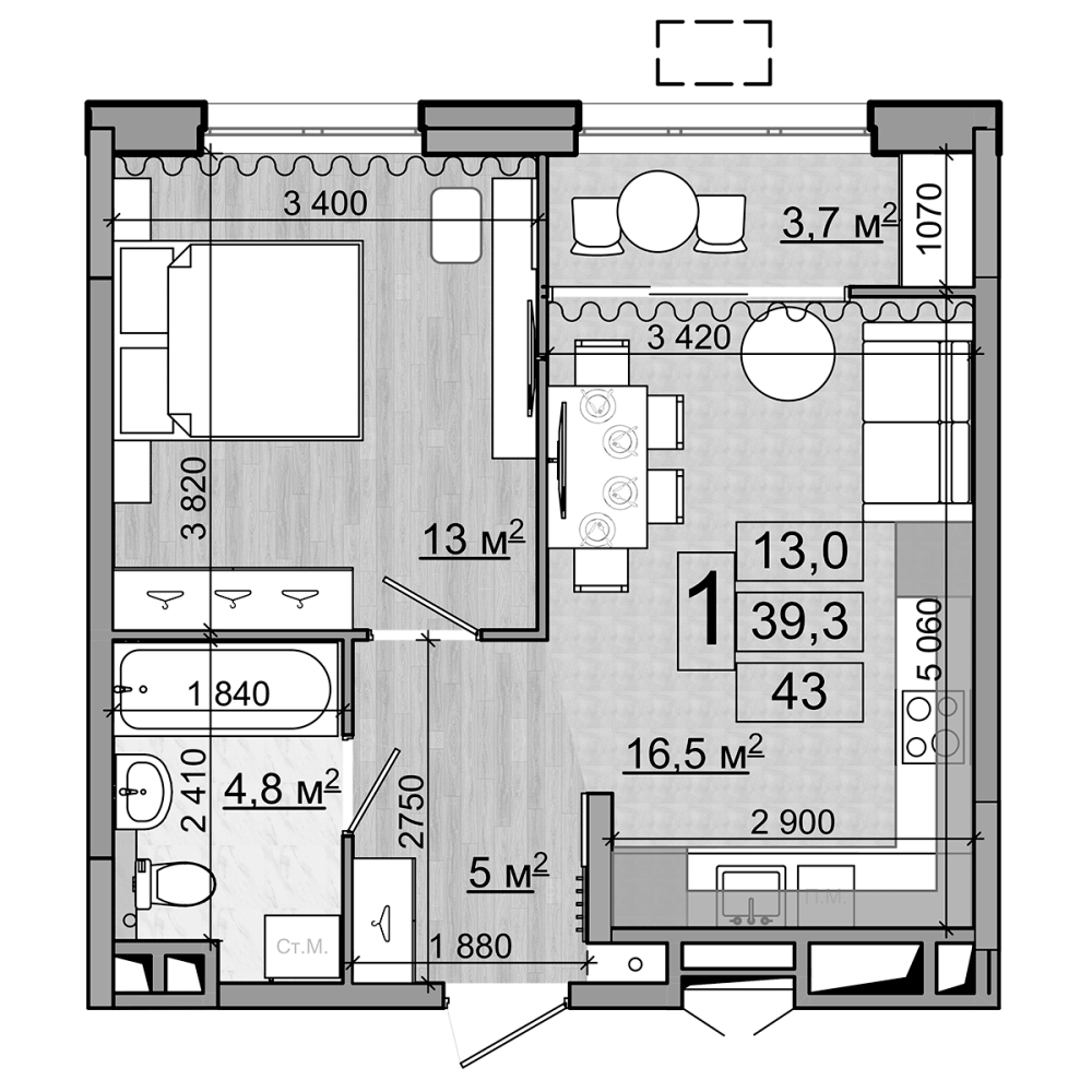 Планировка — Гранд Комфорт, 2-комн., 39 м²