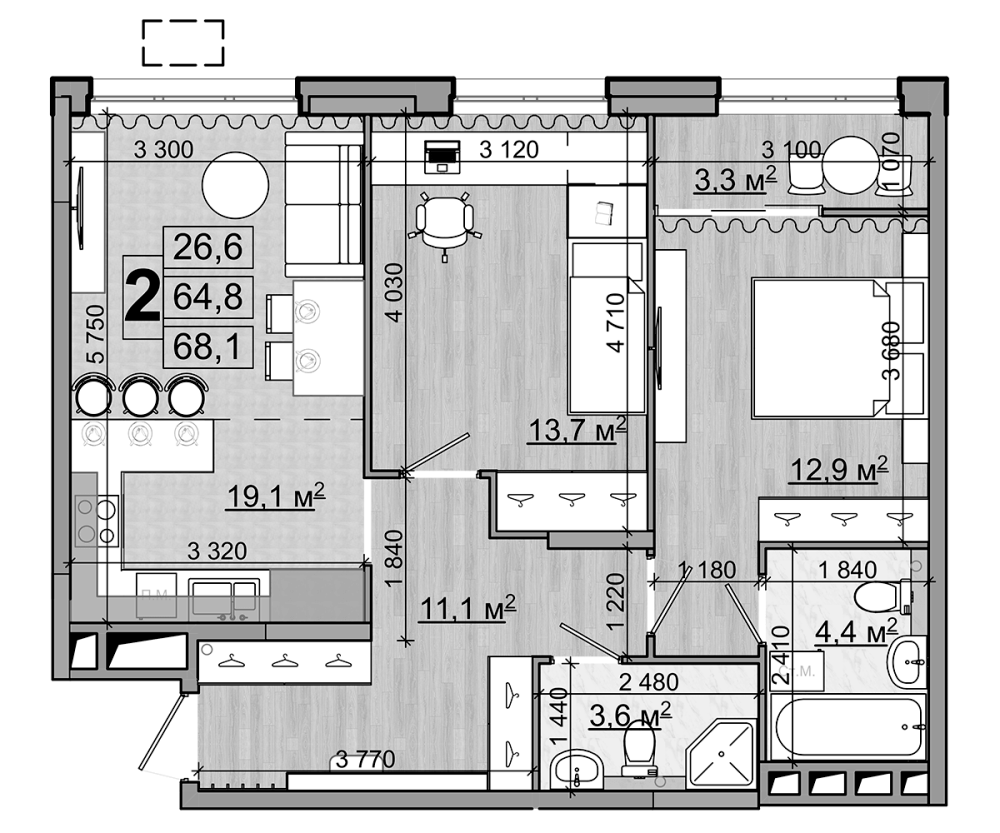 Планировка — Гранд Комфорт, 3-комн., 65 м²