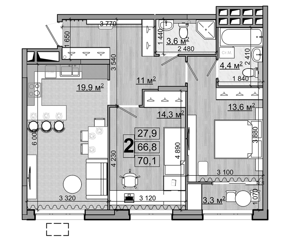 Планировка — Гранд Комфорт, 3-комн., 67 м²