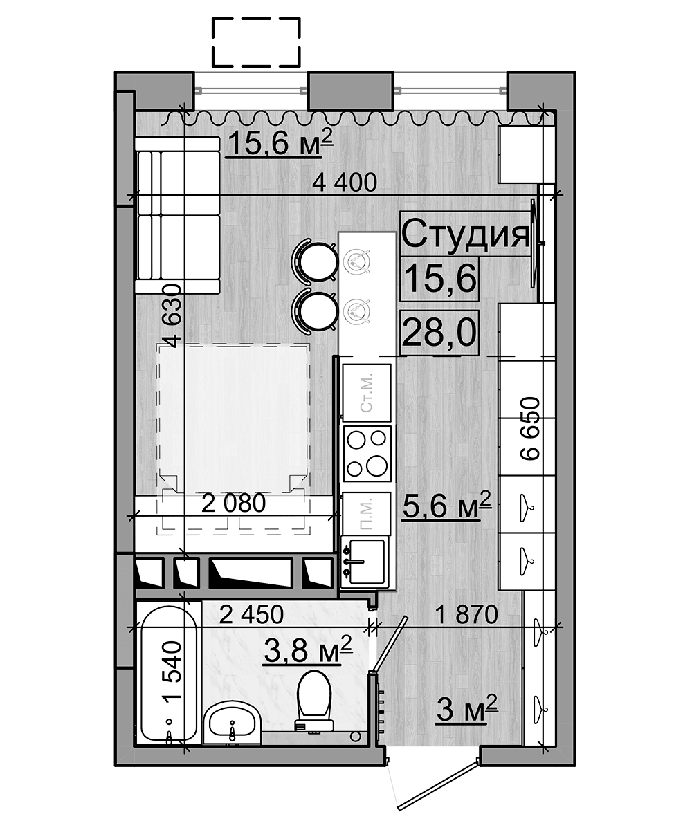 Планировка — Гранд Комфорт, Студия, 28 м²
