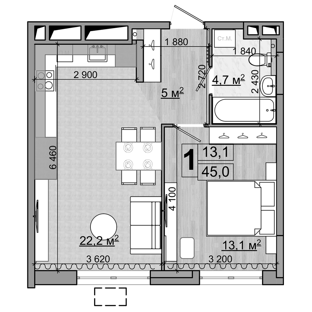 Планировка — Гранд Комфорт, 2-комн., 45 м²