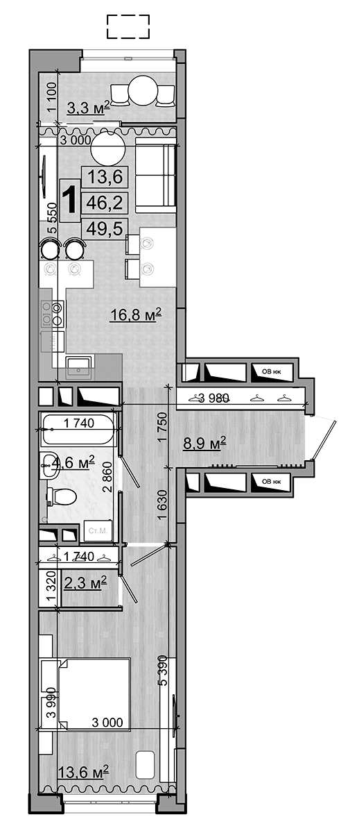Планировка — Гранд Комфорт, 2-комн., 46 м²