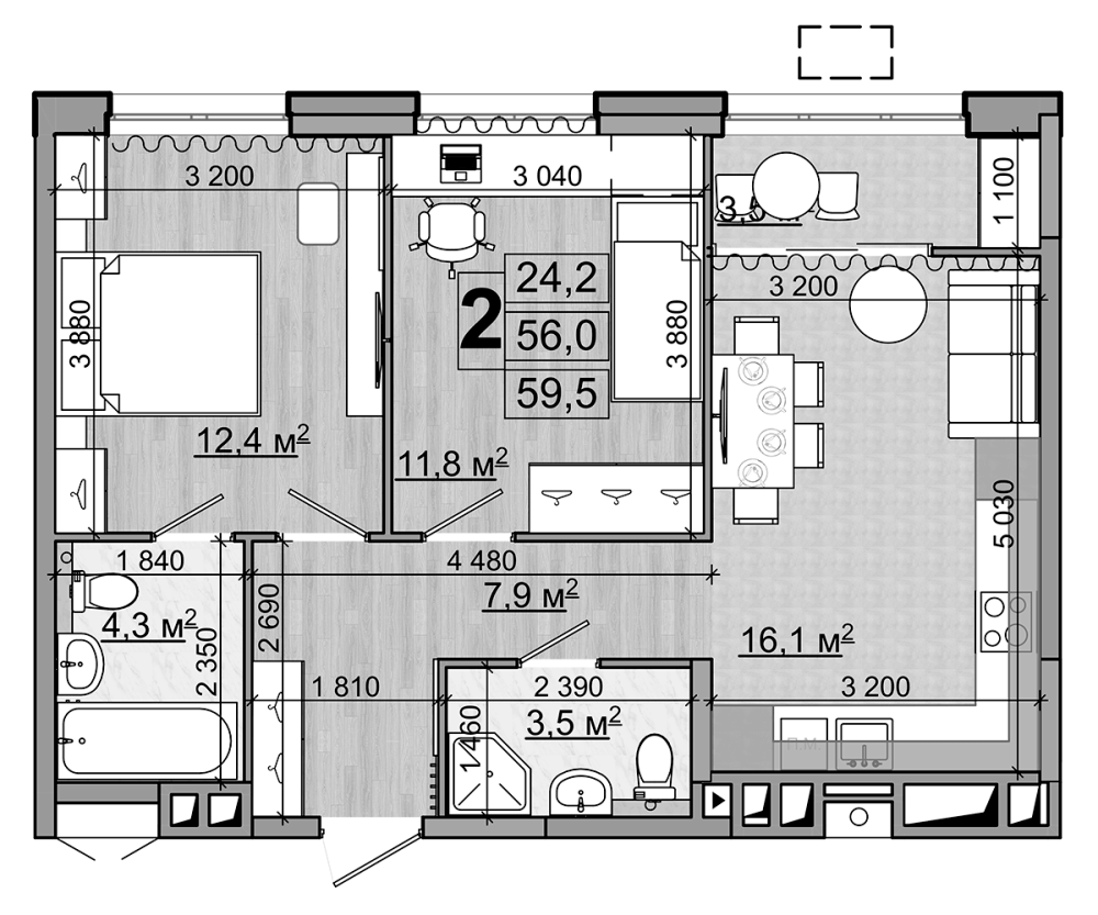 Планировка — Гранд Комфорт, 3-комн., 56 м²