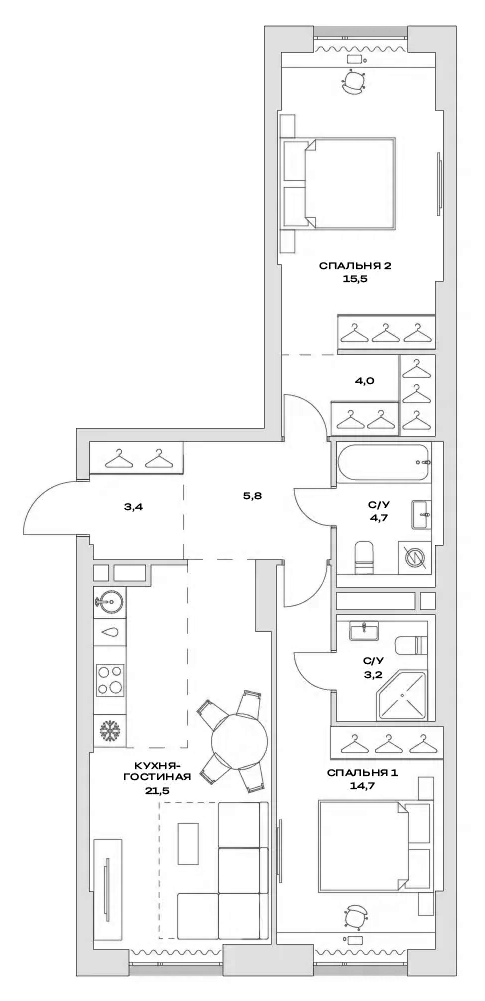 Планировка — Детали, 3-комн., 73 м²
