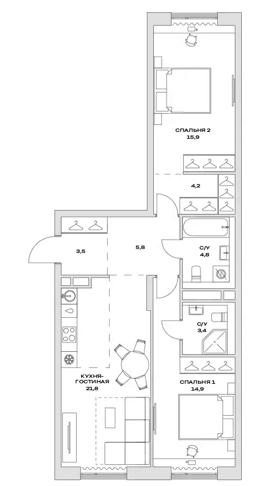 Планировка — Детали, 3-комн., 74 м²