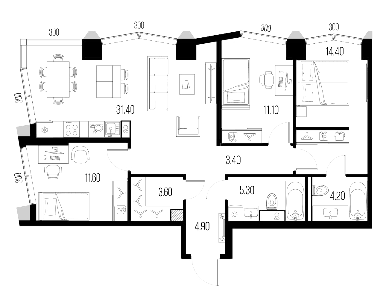 Планировка — Северный Порт, 4-комн., 90 м²