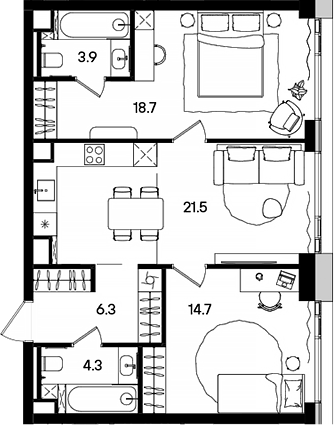 Планировка — СТОУН Грэйн, 3-комн., 69 м²