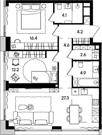 Планировка — СТОУН Грэйн, 3-комн., 76 м²