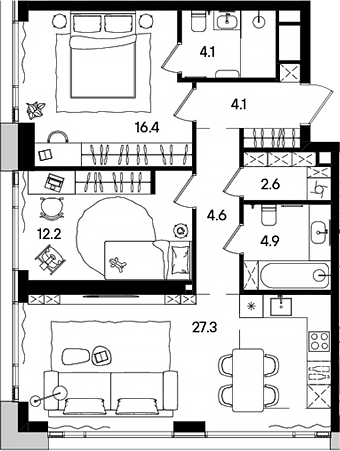 Планировка — СТОУН Грэйн, 3-комн., 77 м²